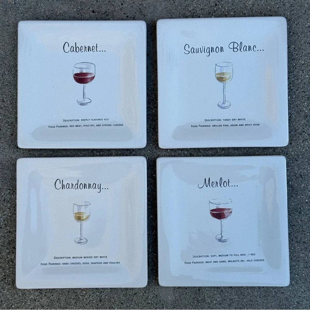 Vintage Pottery Barn Set of 4 White Wine Guide Ceramic Appetizer Plates 6.5”